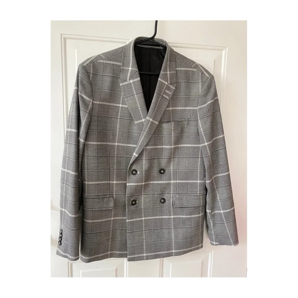 Topman Mens Double Breasted Jacket Blazer Sz 40R Gray Plaid - Picture 1 of 12